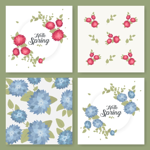 チラシ、パンフレット、テンプレートデザインのセット。花模様と装飾のヴィンテージカード。花の装飾、葉、花の装飾。春や夏のバナーベクトル。