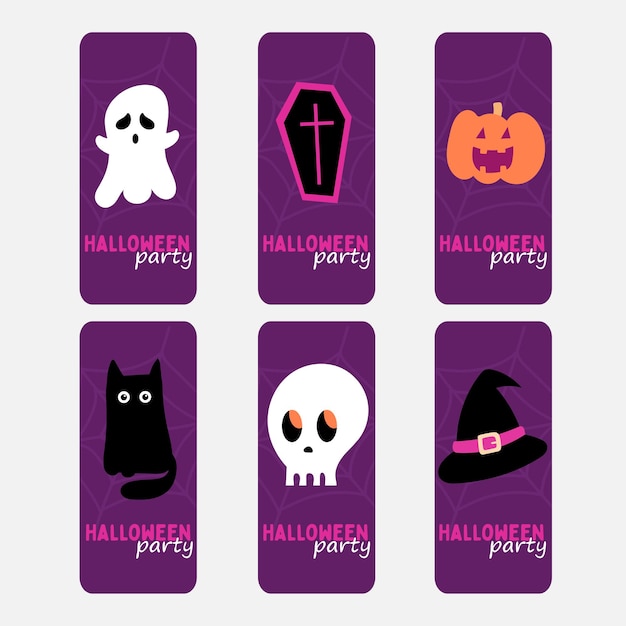 Set of flyers or invitation cards for Halloween party. Cartoon style in purple vibrant colors