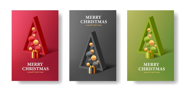 Set of flyers or posters Merry Christmas greeting card with stylized Christmas tree as empty 3d render triangle with balls inside