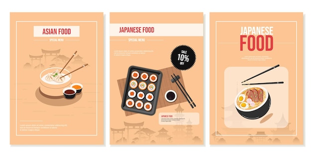 Set of flyers posters with Japanese Chinese food rolls ramen soup dumplings Banner restaurant