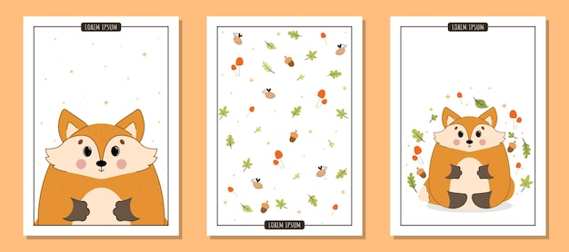 Set of flyers with cute woodland animals set of postcards with forest animals fox