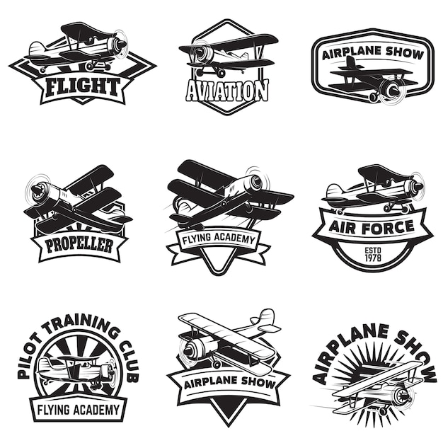 set of flying academy emblems. vintage airplanes.  elements for logo, label, emblem, sign.  illustration.