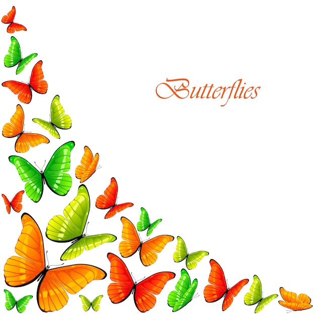 Vector set of flying green and orange butterflies illustration