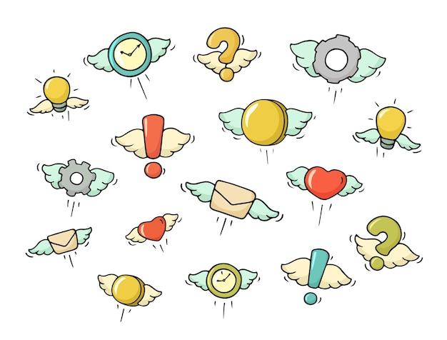 Set of flying objects. Doodle cute symbols. Hand drawn cartoon