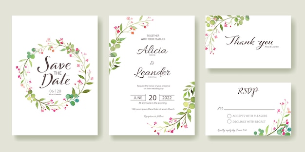 Set fo Wedding Invitation, save the date, thank you, rsvp card template.