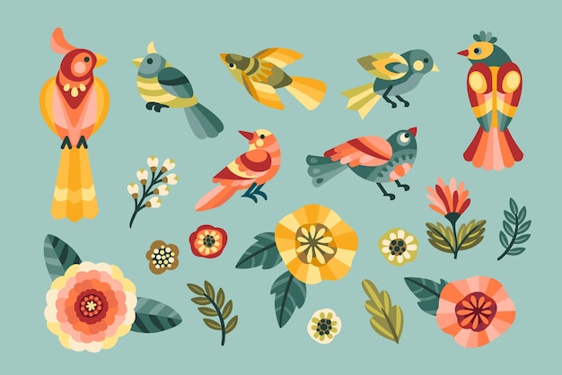 Insieme di elementi di design folk foglie fiori uccelli illustrazione vettoriale