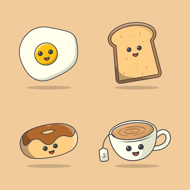 set of food for breakfast, kawaii breakfast food illustration