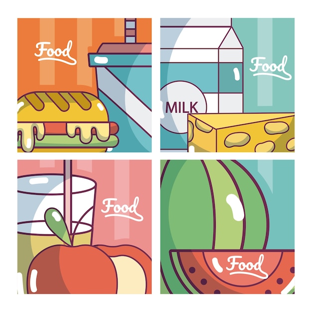 Set of food cartoons cards collection