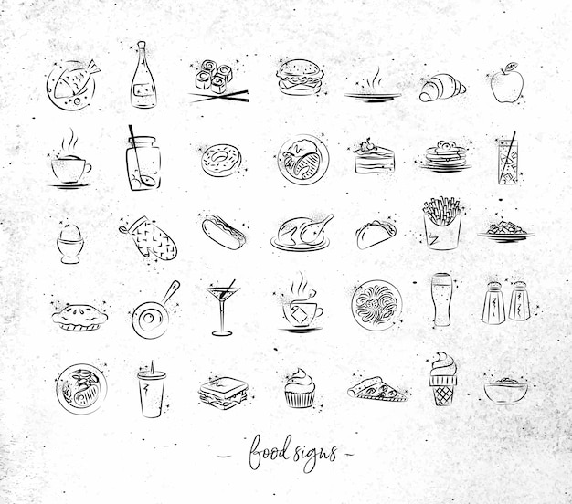 Vector set of food icons drawing with black lines on dirty paper background