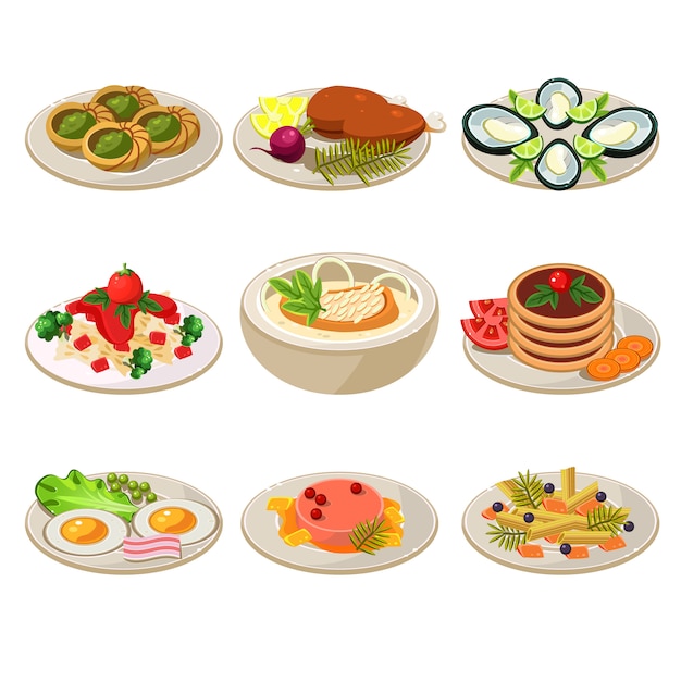 Set of food icons european lunch