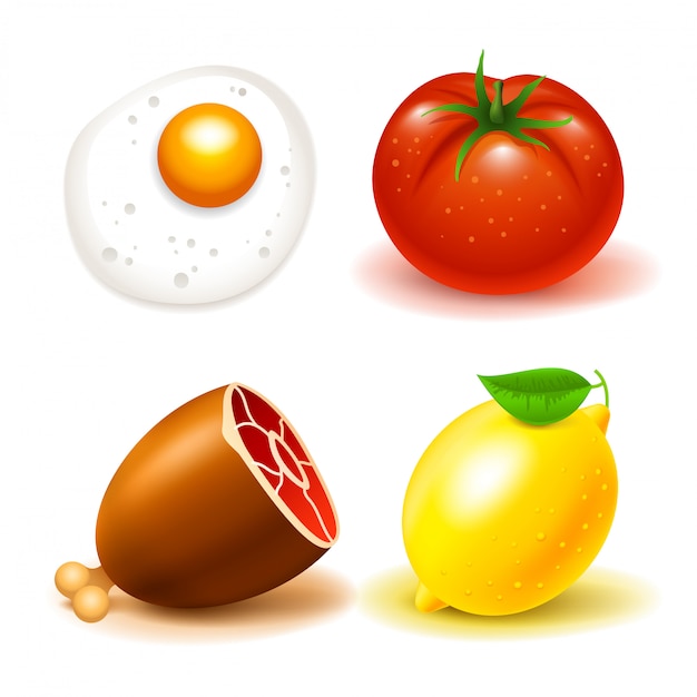 Vector set of food illustrations: beef, tomato, lemon and scrambled eggs. isolated