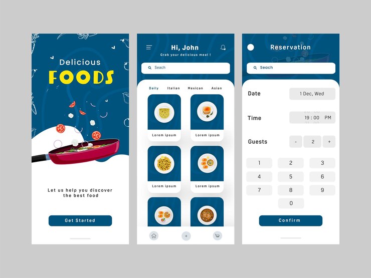 Vector set of food mobile app ui ux gui screens including get started reservation template for advertising