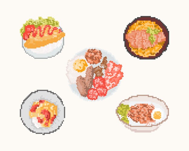 Set of food in pixel art. 8 bit art