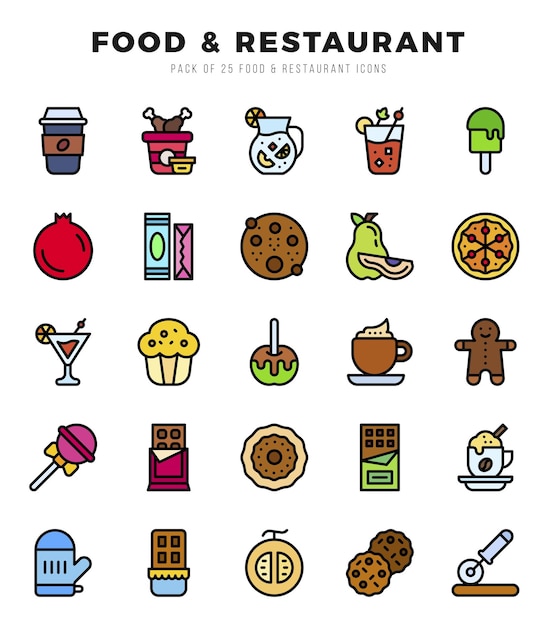 Set di icone di cibo e ristoranti simple lineal color art style icons pack