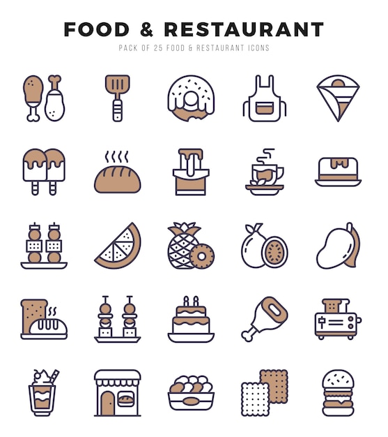 Set of food and restaurant icons simple two color art style icons pack