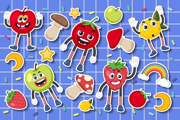 Set of food sticker cartoon character