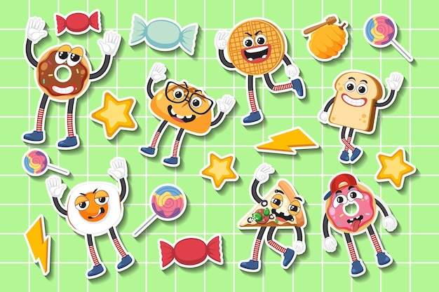 Set of food sticker on grid background