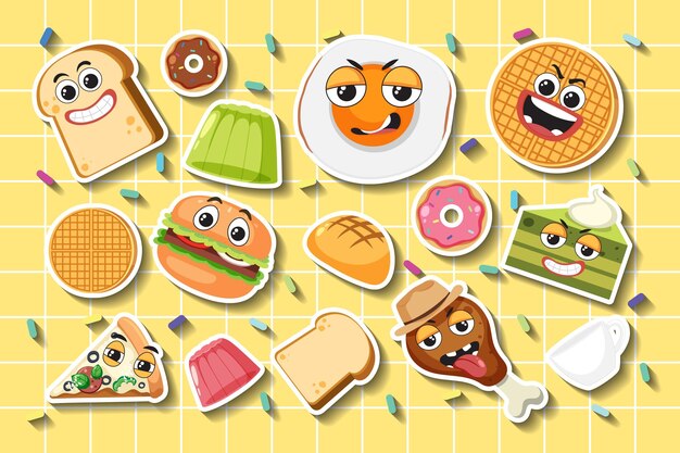 Set of food sticker on grid background