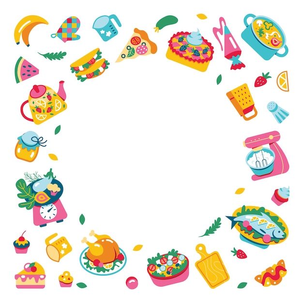 a set of food and sweets for the recipe. frame of ingredients, vegetables, soup, chicken, salad, tea