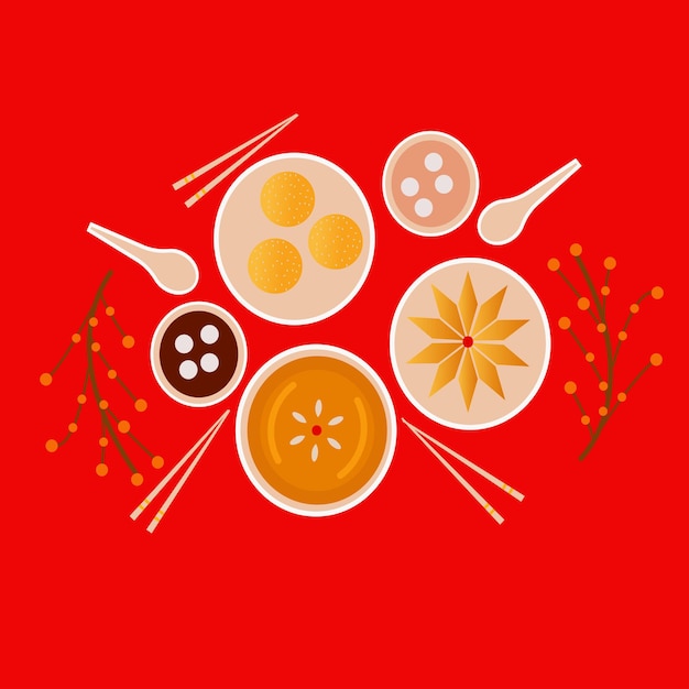 중국 새해를 위한 테이블 위의 음식 세트 중국 새해 디저트의 벡터 그림
