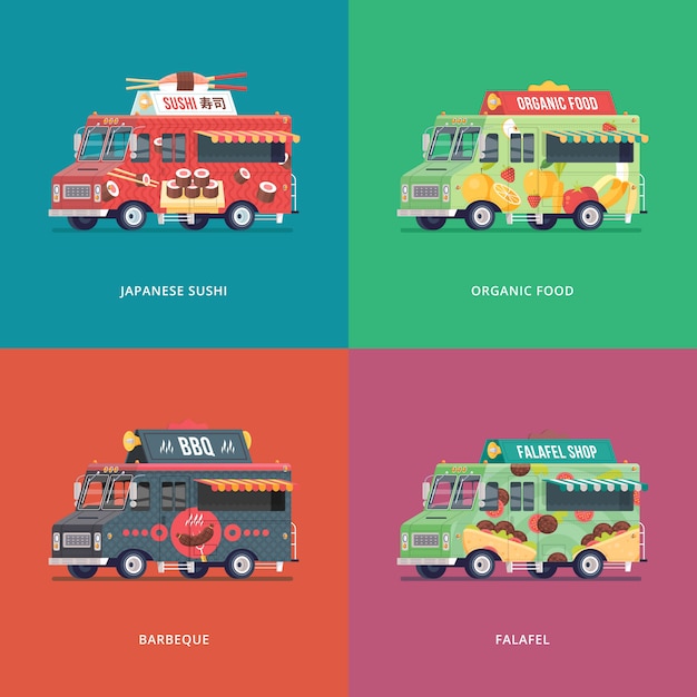 Vettore serie di illustrazioni di camion di cibo. composizioni di concept moderno per sushi giapponese, frutta e verdura, barbecue e carro per consegne di falafel.