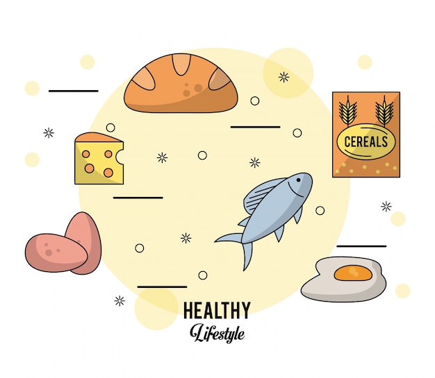 set of foods eggs cheese and bread and fish and cereals