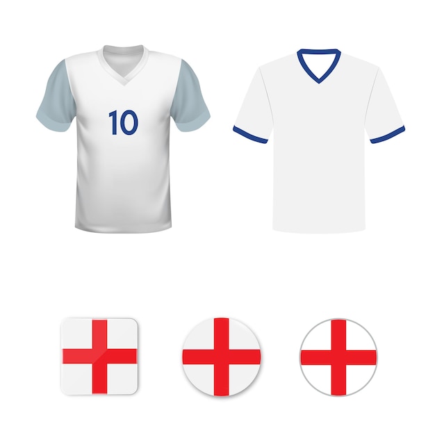 Set of football shirts and flags of the national team of England