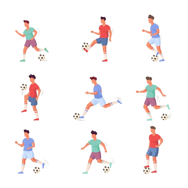 さまざまなアクションでのサッカーまたはサッカー選手のキャラクターのセット。フラットな漫画のスタイルのイラスト。