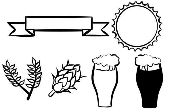 ホップと麦芽のビール グラス アイコンの 6 つの黒いリボンのバーをビール瓶に設定します。