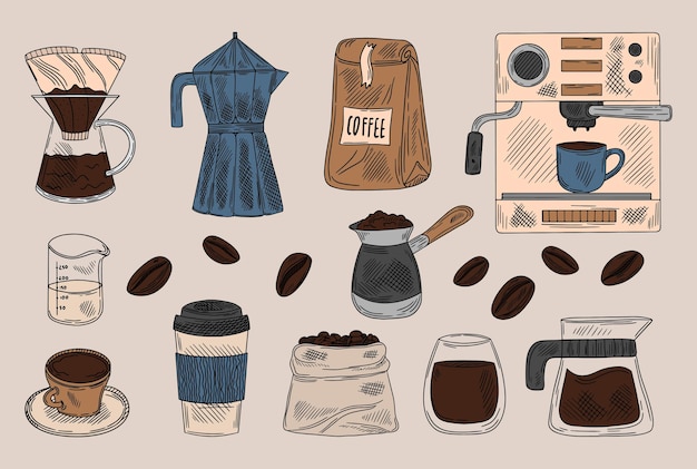 Вектор Набор для кофе изолированные кофейные элементы френч-пресс кофемашина кружка чашка молока кувшин чайник векторная иллюстрация