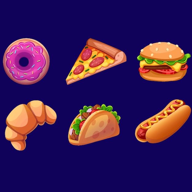 Набор для создания мобильных игр, векторные элементы интерфейса. иконки еды для использования в дизайне и разработке приложений. тако, пицца, пончик, бургер, круассан, хот-дог казуальная игра