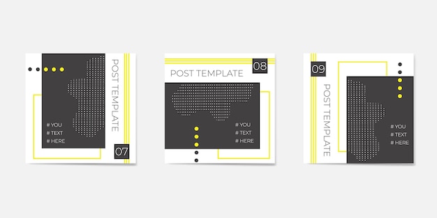 벡터 소셜 미디어 게시물 템플릿 설정 개인 및 비즈니스 계정용 검정색 및 노란색 색상의 기하학적 요소가 있는 흰색 배경