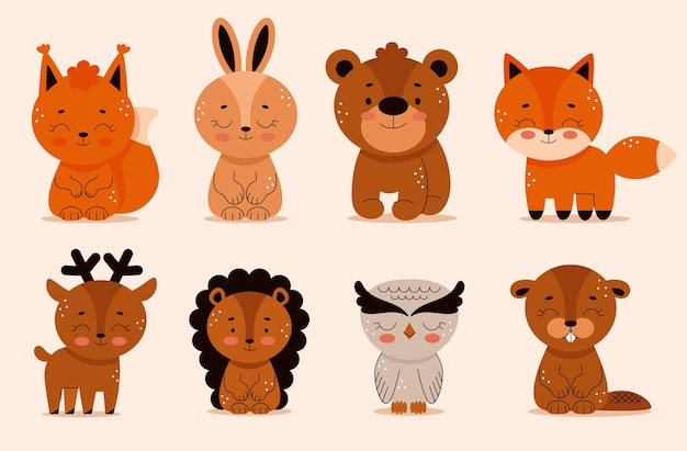 Set di animali della foresta in stile cartone animato, riccio, orso, lepre, volpe, castoro, orso, gufo. bosco. illustrazione vettoriale carino per bambini.