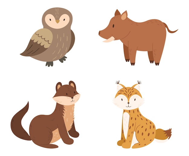 Set of Forest Animals Owl Lynx Boar Ferret or Weasel Kawaii Personages Funny Wildlife Isolated on White Background