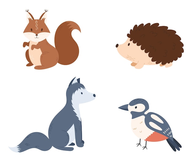 Set Of Forest Animals Squirrel Hedgehog Wolf And Bird Isolated On White Background Kawaii Woodland Kids Personages