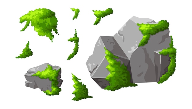 ベクトル 森の岩とモス 灰色の石 カートゥーンで壊れた 孤立したゲーム要素 自然のデザインの形状の一部 白い背景のベクトルイラスト