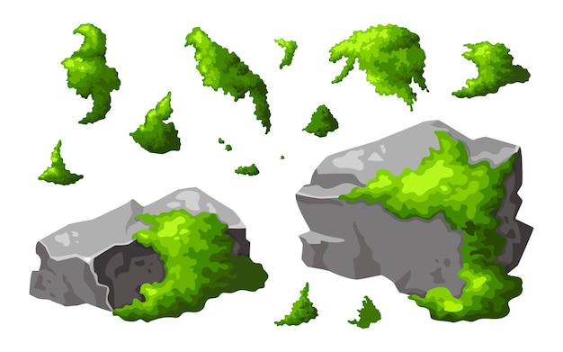 벡터 모스 회색 돌과 함께 숲 바위 설정 만화 산의 일부 자연 디자인 모양 터