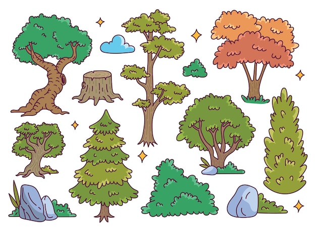 Set of forest tree doodle vector illustration