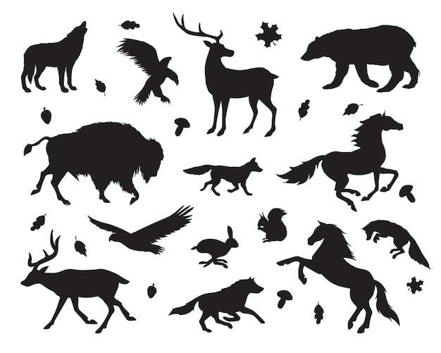 Vector set of forest wild animals silhouettes