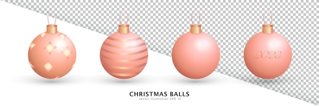 Set of four 3d baubles with decorations and 2023 text. Cartoon soft pink hanging Christmas balls