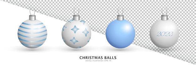 Set of four 3d baubles with decorations and 2023 text. White and blue hanging Christmas balls