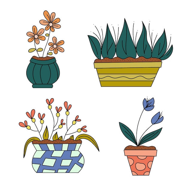 Set of four abstract flowers in pots Doodle vector color illustration