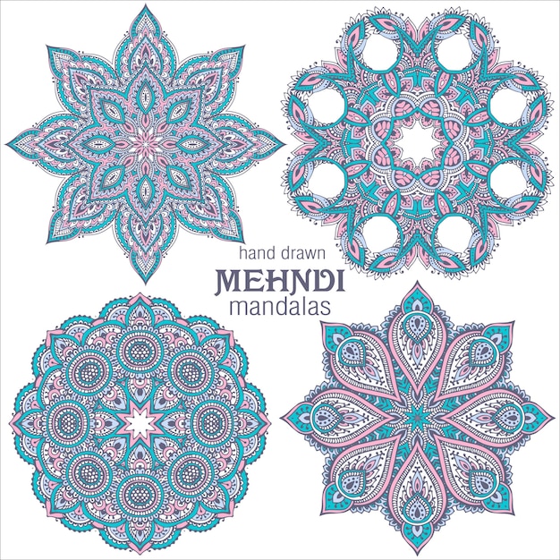 Set di quattro mandala di design pizzo rotondo astratto, elementi decorativi. stile mehndi, ornamento tradizionale orientale.