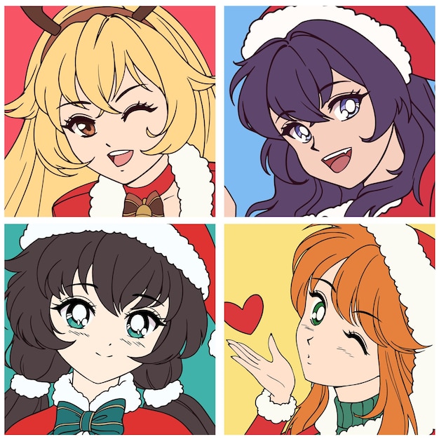 Set di quattro icone anime con ragazze che indossano il costume di natale.