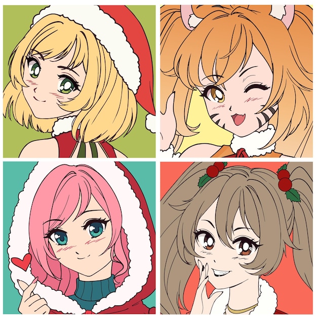 Set di quattro icone anime con ragazze che indossano il costume di natale.