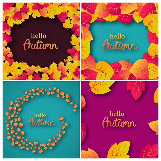 Set of four backgrounds with autumn leaves and place for your text.  card design for fall season banner or poster. vector illustration