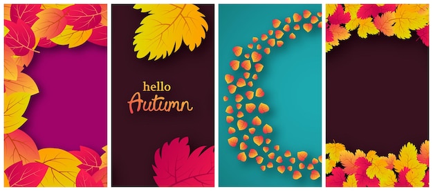 Set of four backgrounds with autumn leaves and place for your text.  Stories banner design for fall season banner or poster. Vector illustration