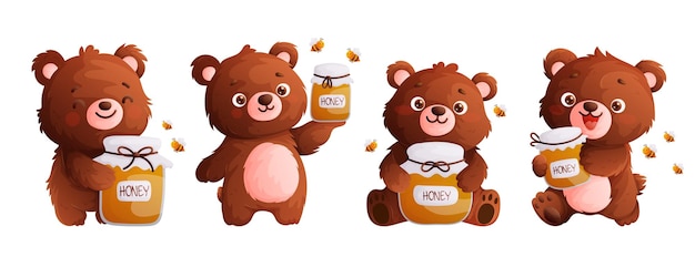Vector a set of four bears holding a jar of honey in their paws cute bear friendly bees and honey in a glass container cartoon style vector illustration