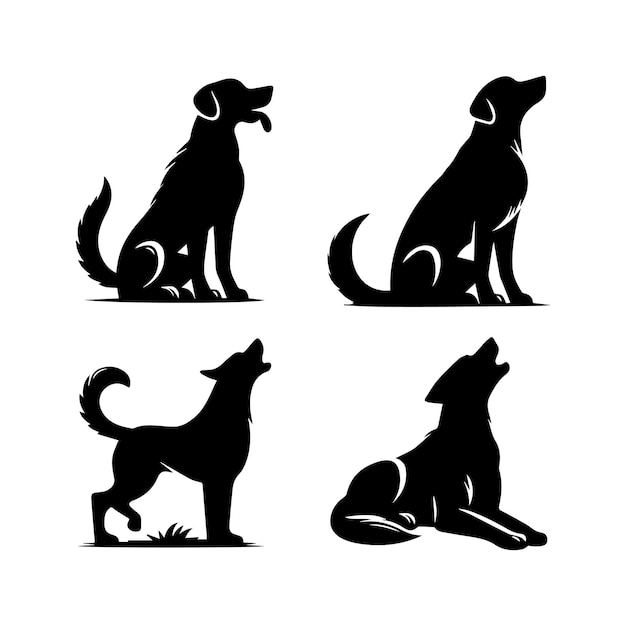 Vector set of four black dog silhouettes