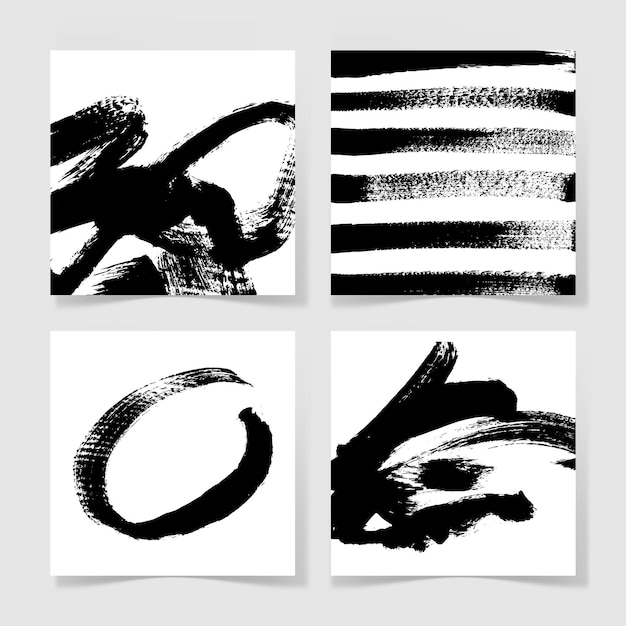 Set of four black ink brushes grunge square pattern hand drawing background collection